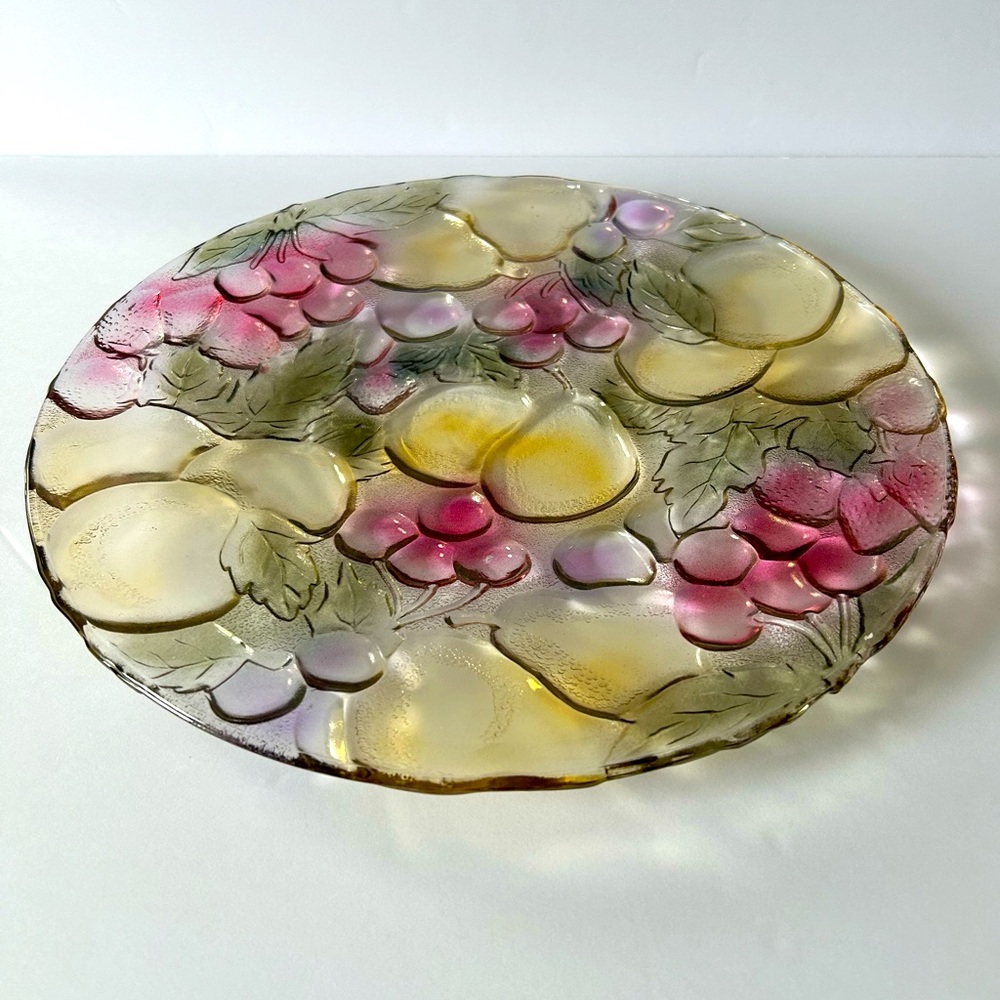Vintage Indiana Glass Rainbow Garden Fruit Design 13" Round Platter EUC